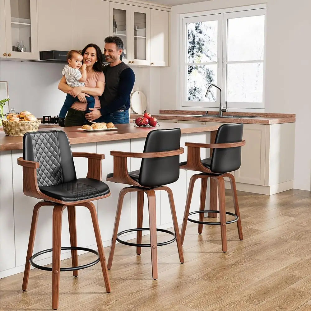 26" Swivel PU Leather Bar Stools with Wooden Arms – Set of 6 Modern Counter Height Chairs, Black
