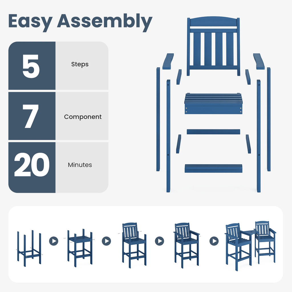 Set of 2 Tall Adirondack Chairs, HDPE Bar Stools with Connecting Tray, All-Weather Patio Chair, Bar Height for Balcony
