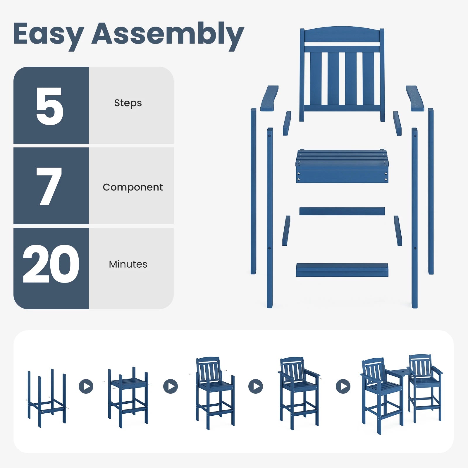 Set of 2 Tall Adirondack Chairs, HDPE Bar Stools with Connecting Tray, All-Weather Patio Chair, Bar Height for Balcony