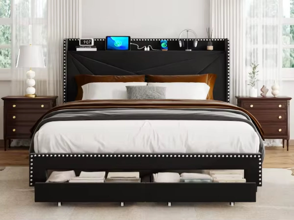 Modern Queen Size Tufted Headboard Platform Bed Frame with Wooden Storage Drawers – Soft Chenille Upholstered Bed