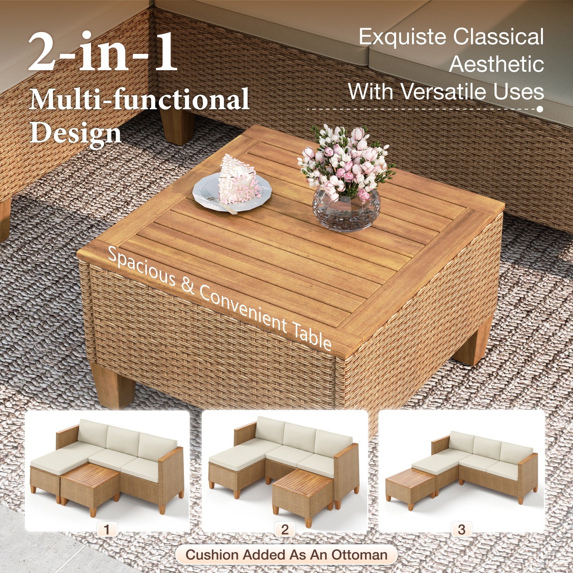 3-Piece Patio Furniture Conversation Set, Weather-Resistant Wicker Outdoor Sectional Sofa Set with Table & Cushions, Small Balcony & Porch Friendly