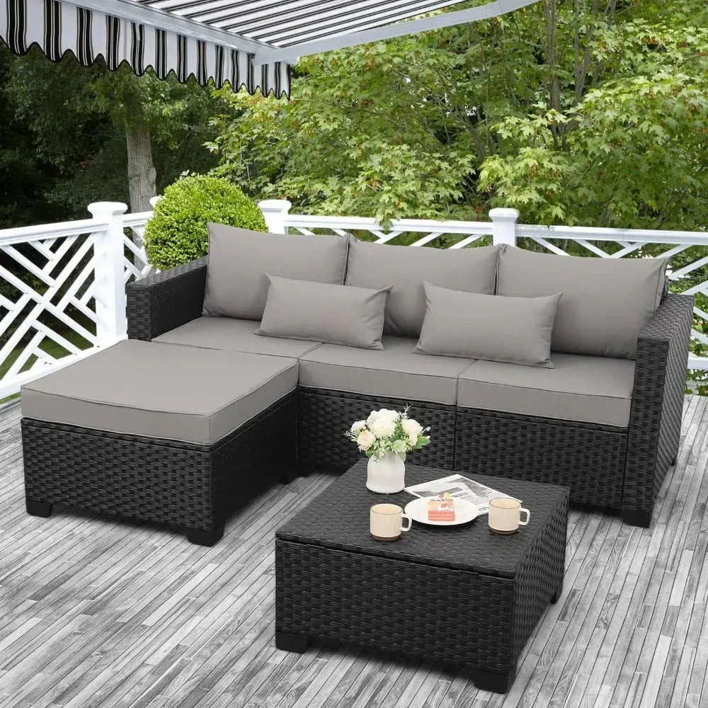 3 Pieces Modern Outdoor Sectional Patio Furniture Set – All-Weather Wicker Sofa with Ottoman & Storage Table