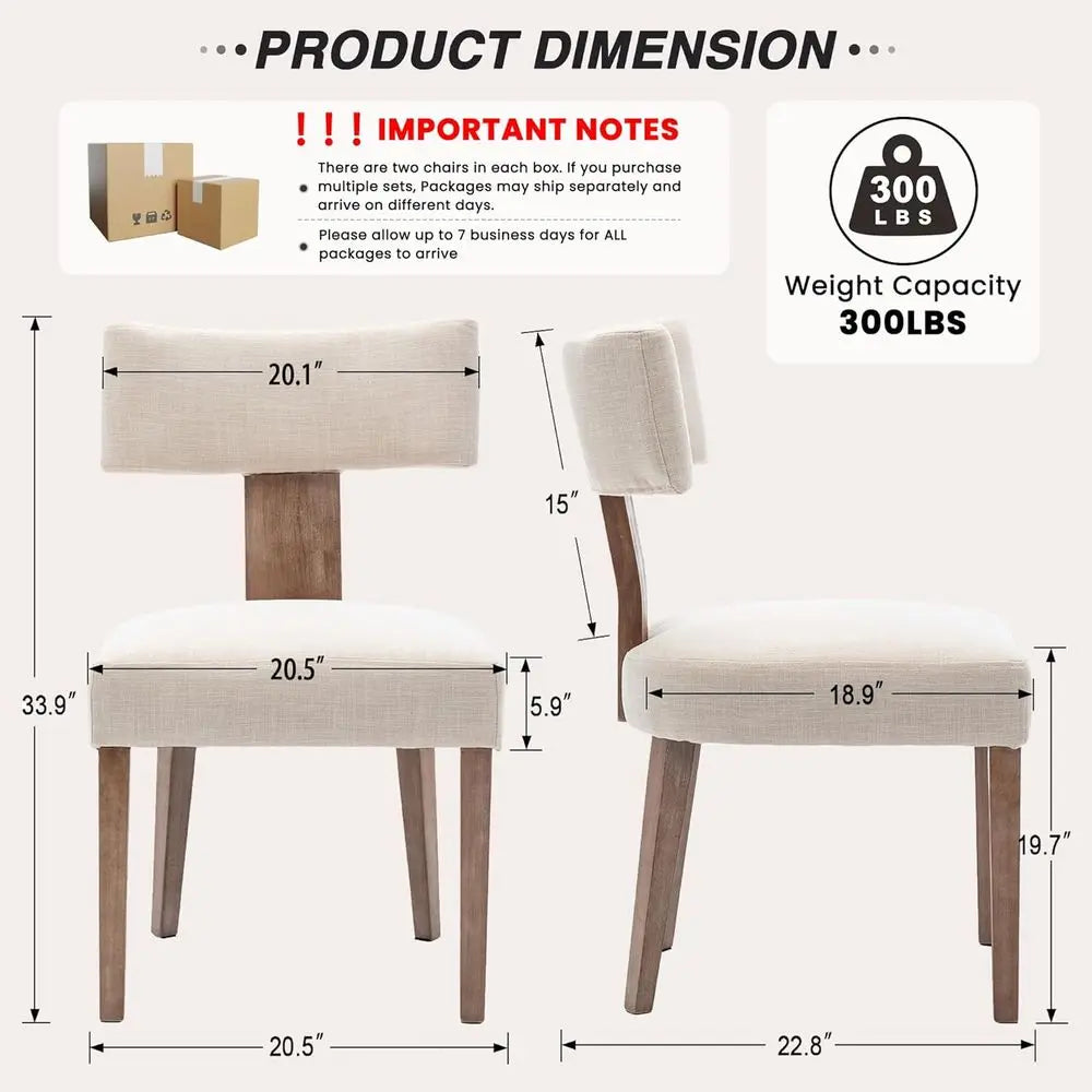 Linen Upholstered Dining Chairs Set of 6 – Beige Curved Back Accent Chairs with Hardwood Legs, Mid-Century Modern