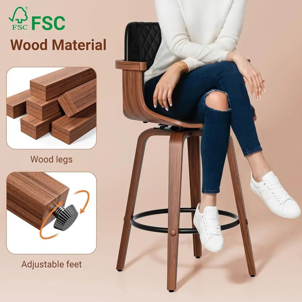 26" Swivel PU Leather Bar Stools with Wooden Arms – Set of 6 Modern Counter Height Chairs, Black