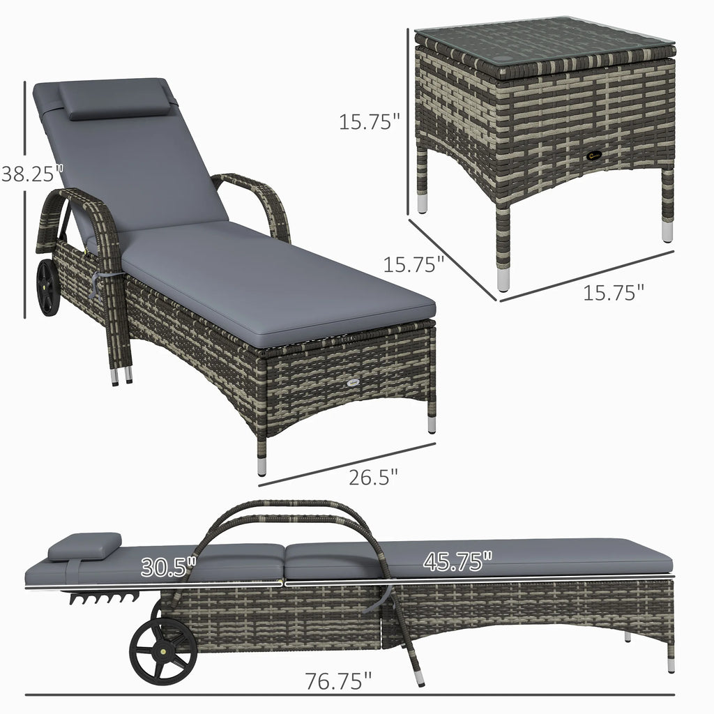 3Pc Outdoor Set, 2 Reclining Chairs, Cushions, Wheels, Side Table, Pe Wicker