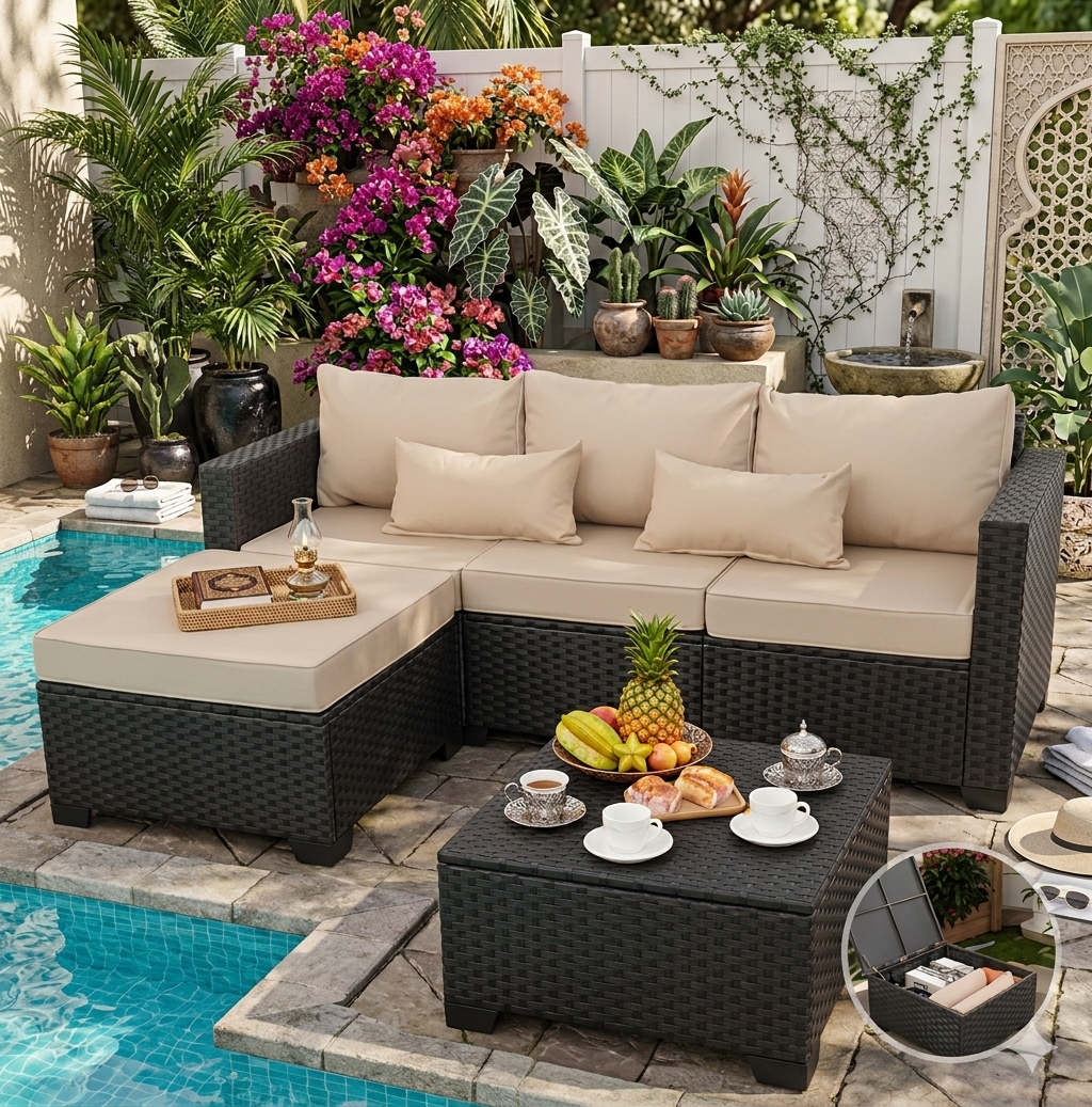 3 Pieces Modern Outdoor Sectional Patio Furniture Set – All-Weather Wicker Sofa with Ottoman & Storage Table