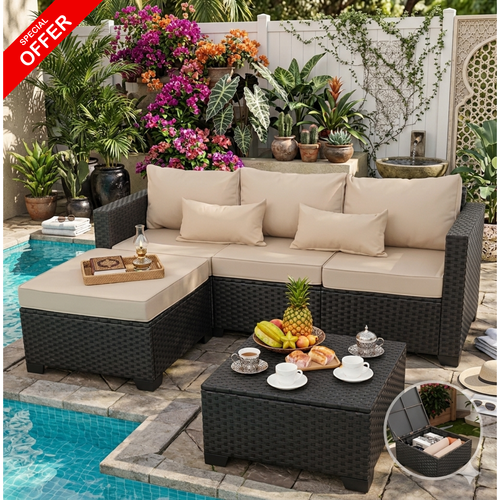 3 Pieces Modern Outdoor Sectional Patio Furniture Set – All-Weather Wicker Sofa with Ottoman & Storage Table