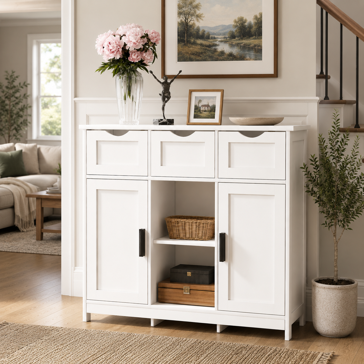 Modern Storage Cabinet with Drawers & Adjustable Shelves – Multi-Purpose Sideboard Organizer