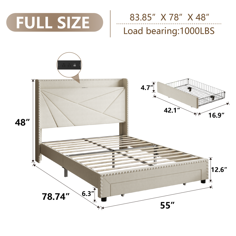 Modern Queen Size Tufted Headboard Platform Bed Frame with Wooden Storage Drawers – Soft Chenille Upholstered Bed