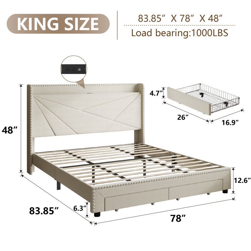 Modern Queen Size Tufted Headboard Platform Bed Frame with Wooden Storage Drawers – Soft Chenille Upholstered Bed