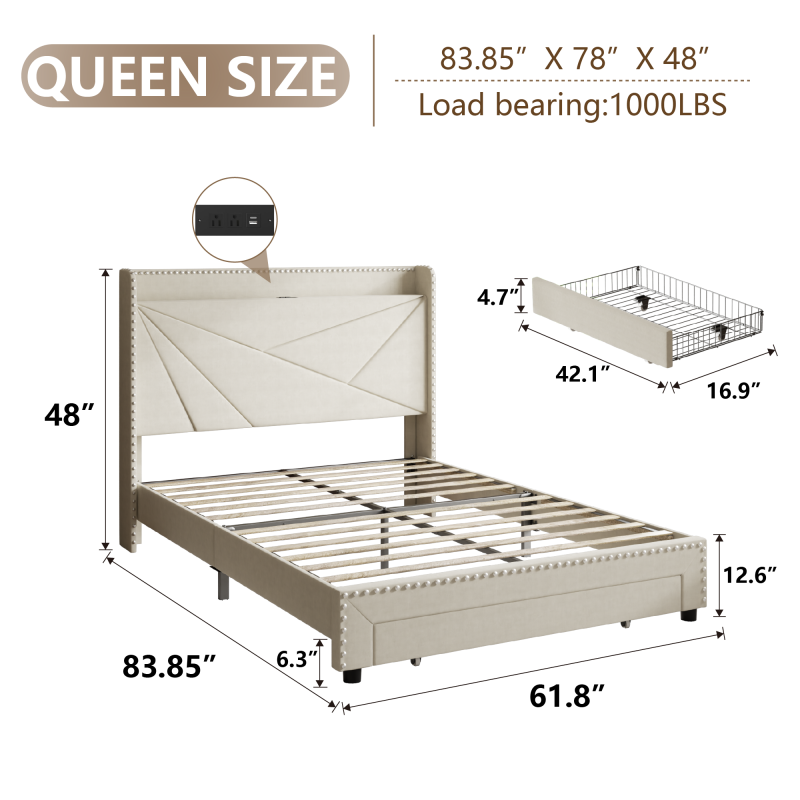 Modern Queen Size Tufted Headboard Platform Bed Frame with Wooden Storage Drawers – Soft Chenille Upholstered Bed