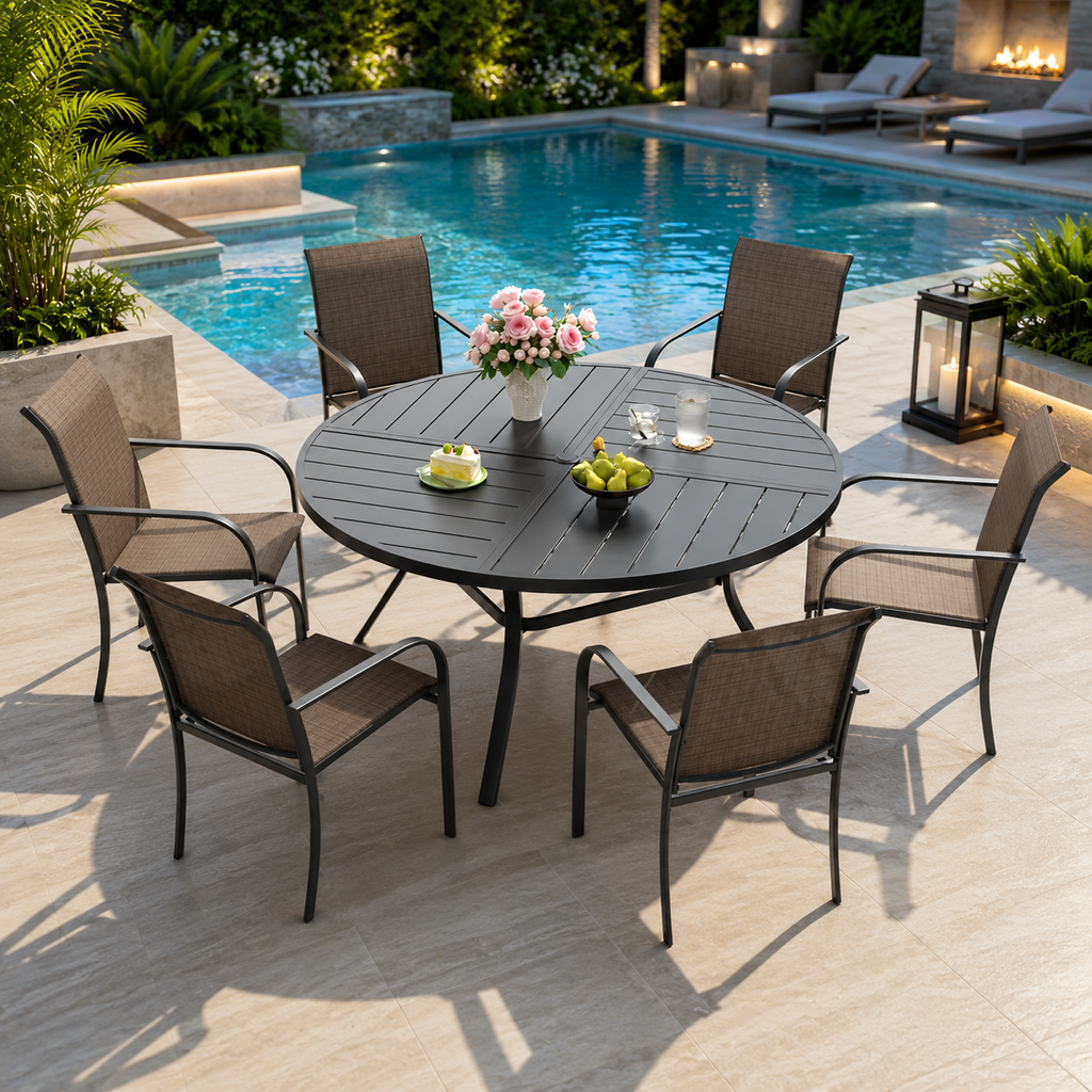 7-Piece Outdoor Patio Dining Set with 50" Round Metal Table & 6 Stackable Sling Chairs – Black & Brown
