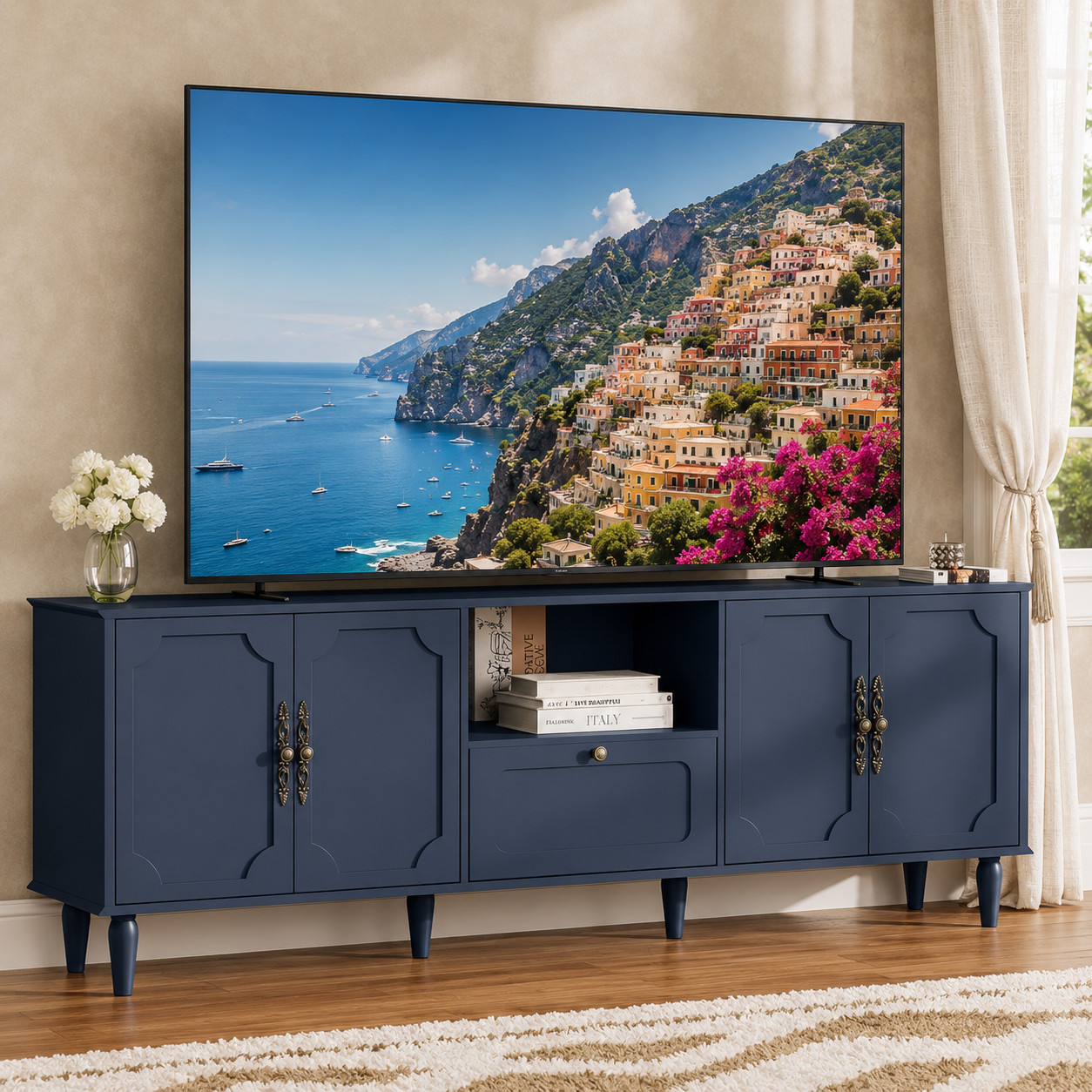 67" Vintage TV Stand for 75–80 Inch TVs, Blue Wooden Entertainment Center with Storage & Adjustable Shelves