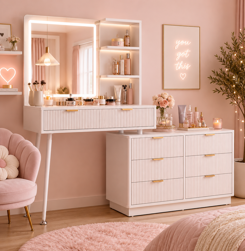 65-Inch White LED Makeup Vanity with Mirror – Glass Top, 8 Drawers & Storage Shelves for Bedroom