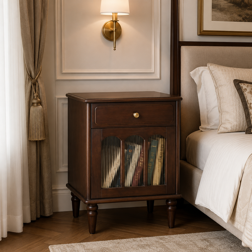 Solid Walnut Nightstand with Drawer & Glass Door – Vintage Bedroom Side Table