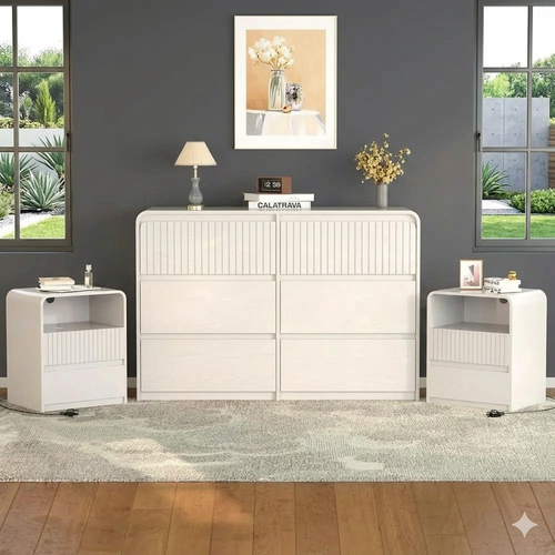3-Piece White Bedroom Furniture Set with 6-Drawer Dresser & 2 Nightstands – Modern Curved Design