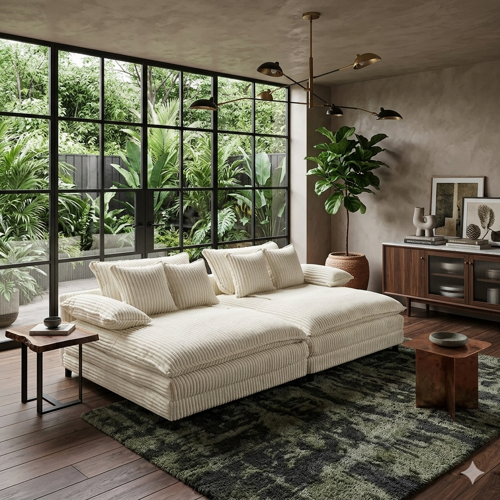 Oversized Double Chaise Lounge Sleeper Sofa with Adjustable Backrest – Beige Corduroy