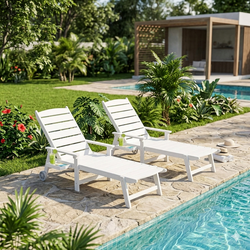 2-Piece Outdoor Pool Lounge Chair Set with Adjustable Backrest & Side Tray – White