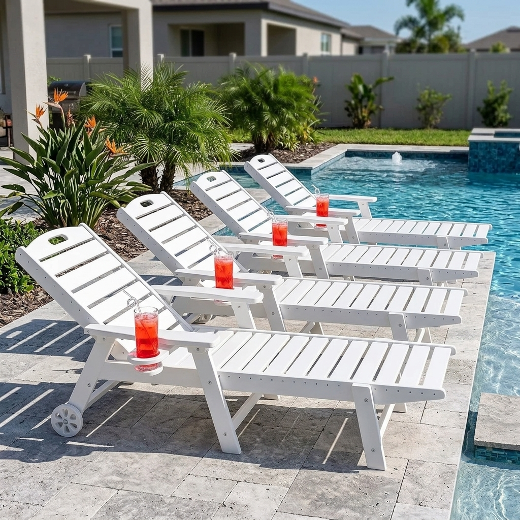All-Weather Outdoor Lounge Set of 4 – HDPE Patio Chaise Chairs with Wheels, Cup Holder & 5-Position Adjustable Backrest – White