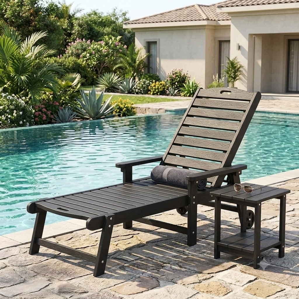 2-Piece Outdoor Pool Lounge Chairs with Adjustable Backrest, Wheels & Side Table – Black