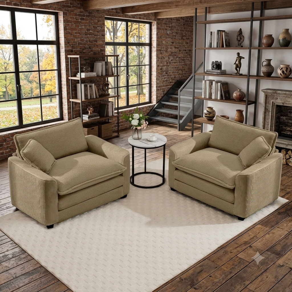 Luxurious Tan Corduroy Deep-Seated Sofa Set with Two Single Chairs for Living Room, Bedroom & Office