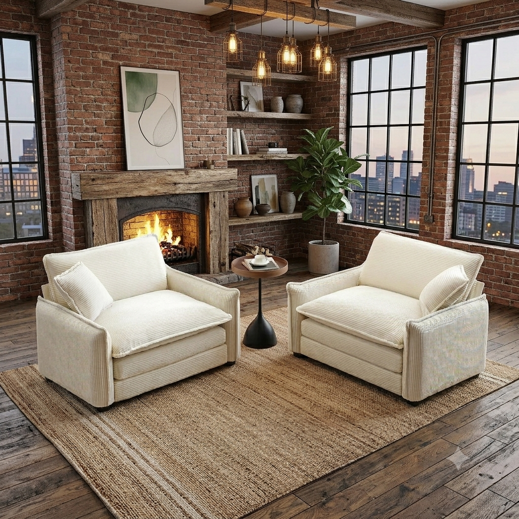Beige Corduroy Deep-Seated Living Room Sofa Set with 2 Single Sofas – Luxury & Sophisticated Modern Comfort