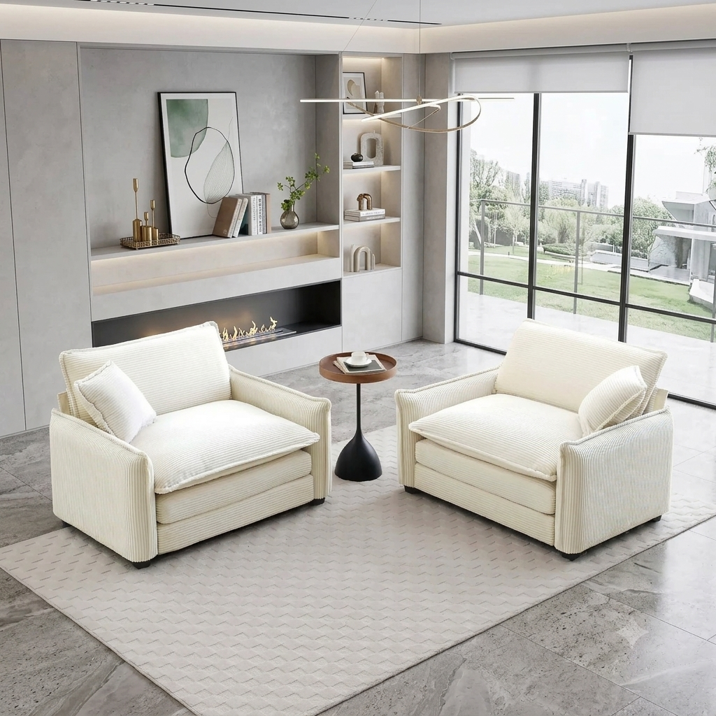 Beige Corduroy Deep-Seated Living Room Sofa Set with 2 Single Sofas – Luxury & Sophisticated Modern Comfort