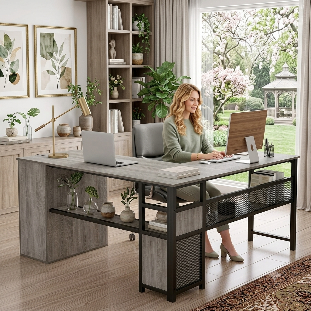 59" L-Shaped Desk with Drawers & Storage Shelves – Industrial Home Office Desk, Light Grey Oak