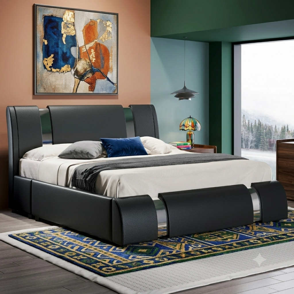 Modern Faux Leather Bed Frame with Iron Pieces Decor, Low Profile Platform Bed with Height-Adjustable Headboard