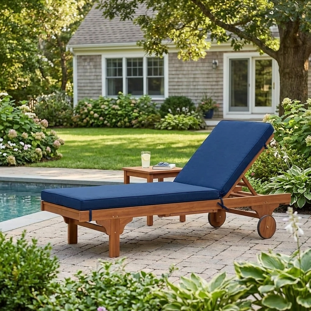 Navy Eucalyptus Wood Adjustable Chaise Lounge with Attached Tray & Cushion – Outdoor Patio, Sunroom & Backyard