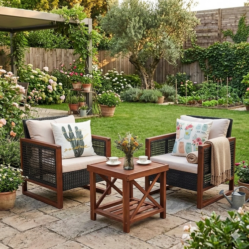 3-Piece Outdoor Wicker Sofa Set with Washable Cushions and Acacia Wood Coffee Table, Suitable for Bistro, Garden, or Balcony (Be