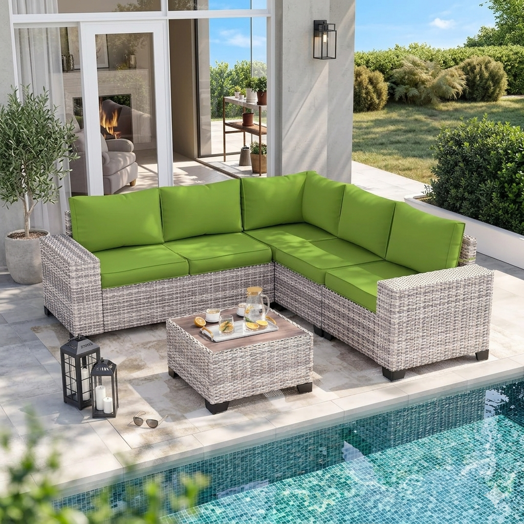 6-Piece Outdoor Patio Wicker Sectional Sofa Set with Cushions for Garden, Backyard, Poolside in Avocado Green