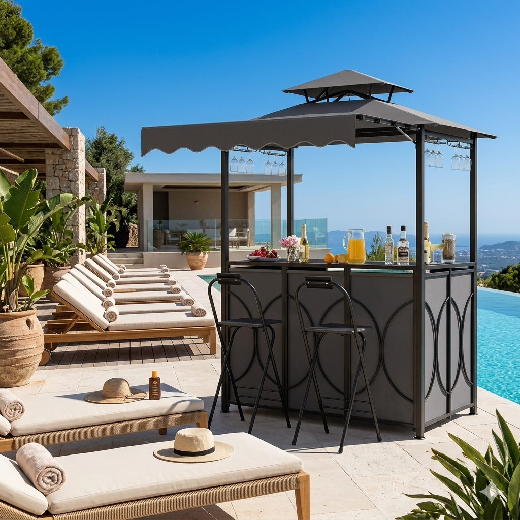 Gray 3-Piece Patio Bar Set with Grill Gazebo, Folding Bar Stools, Awning, Metal Shelves, and Drink Holders