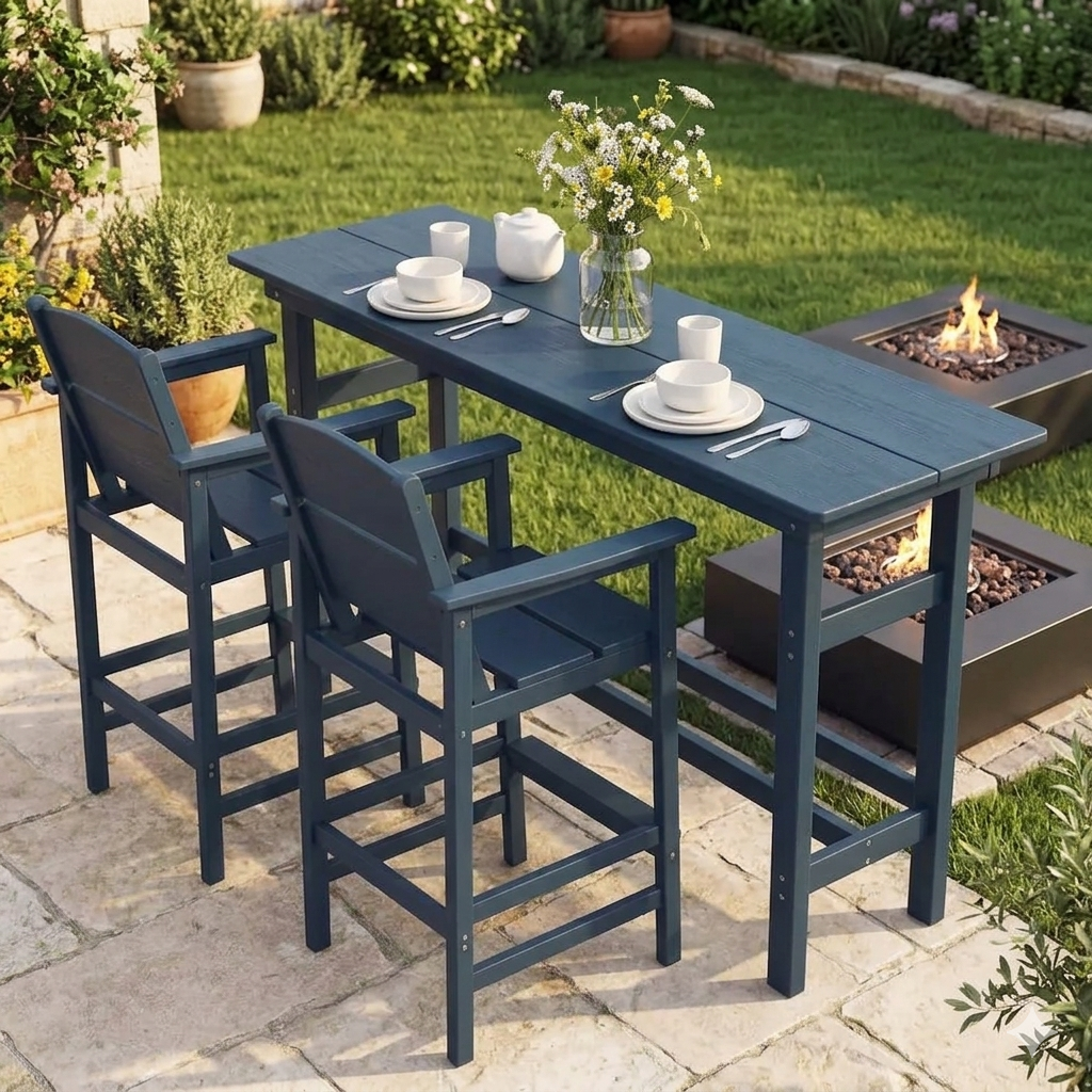 3-Piece Outdoor Patio Bar Set with 2 Chairs, HDPE Weather-Resistant Furniture, Ideal for Balcony, Deck, or Garden, Deep Blue