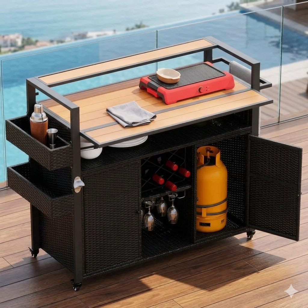 Black Outdoor Wicker Bar Cart with Extendable Plastic Wood Top and Large Storage Cabinet for Patio, Garden, and Poolside