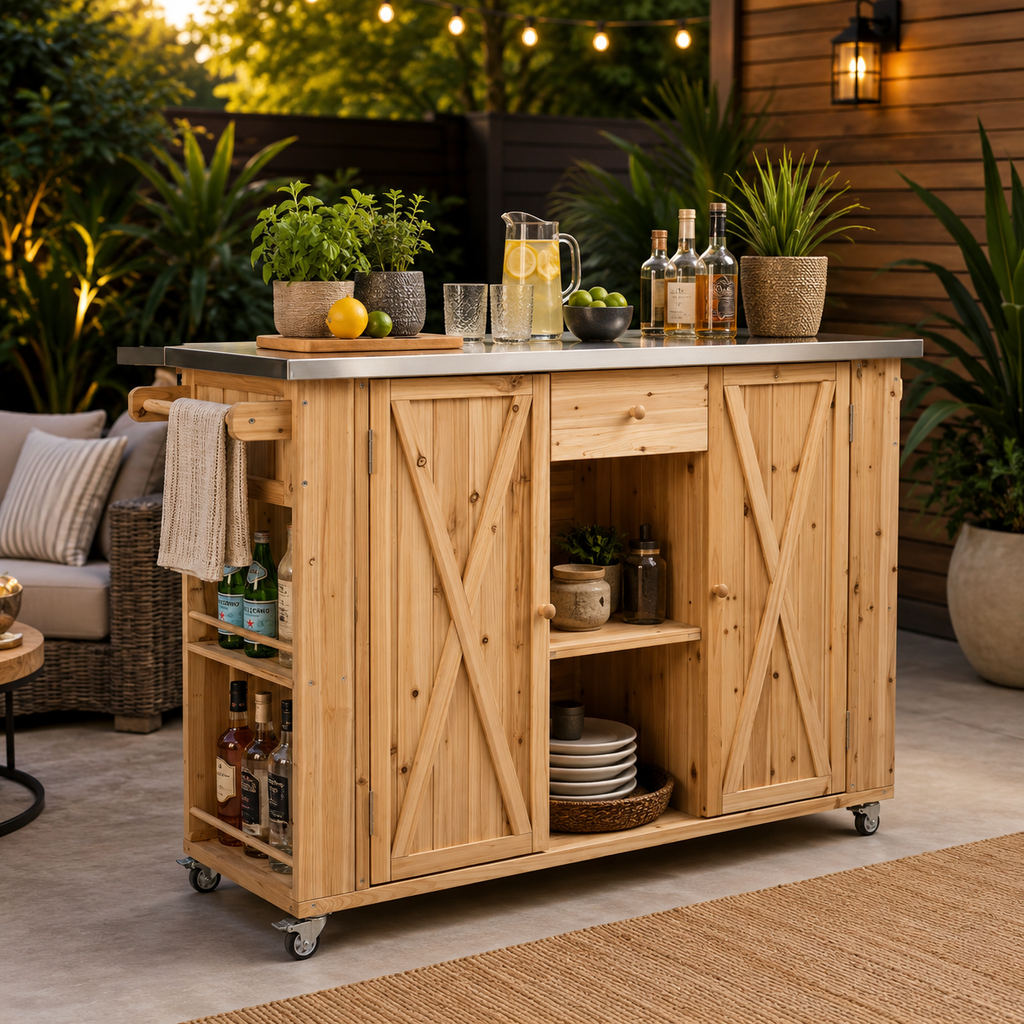 Outdoor Grill Cart with Stainless Steel Top, Patio Kitchen Island Storage Cabinet, BBQ Bar