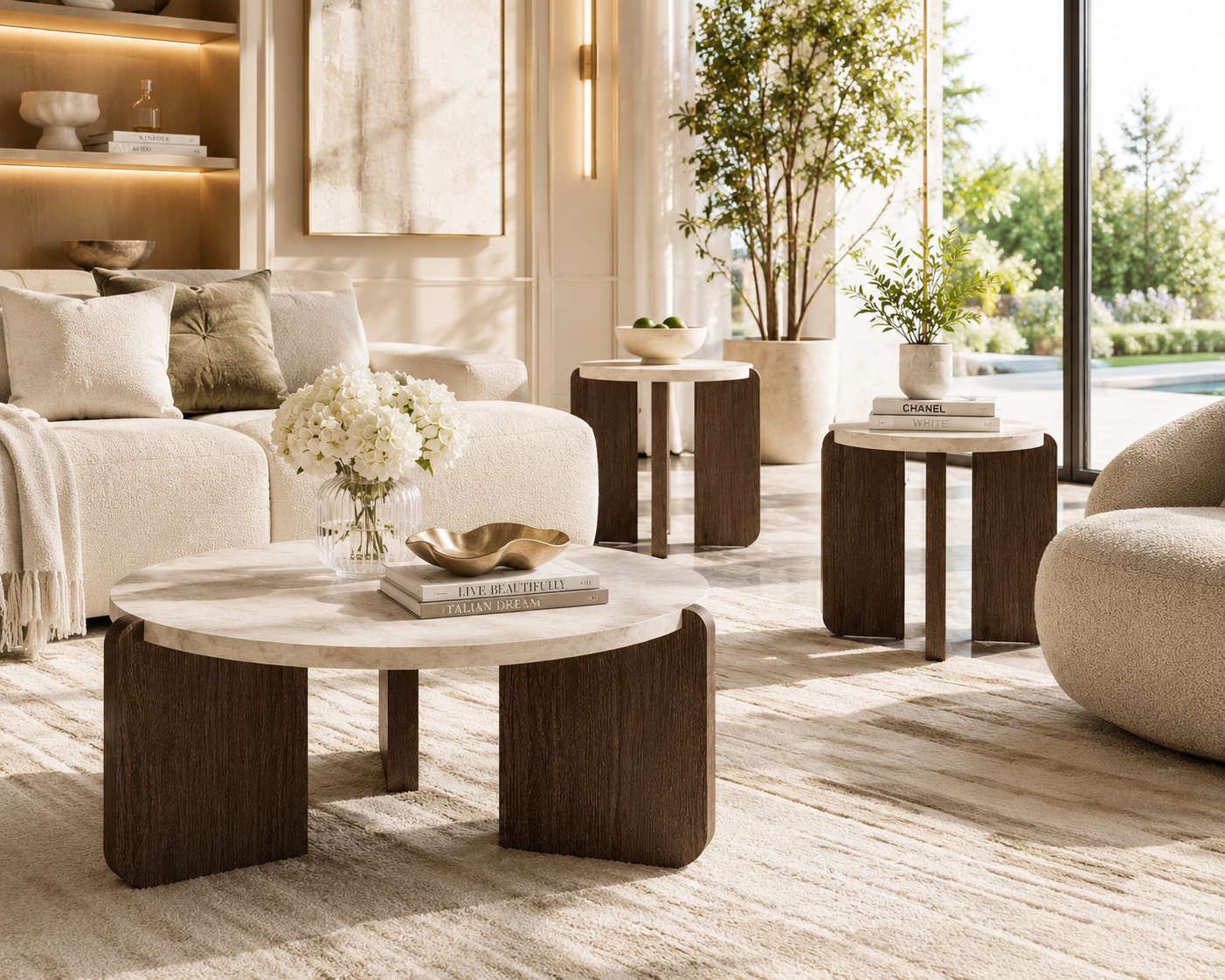 3-Piece Marble Living Room Coffee and End Table Set for Small Spaces, Easy Assembly