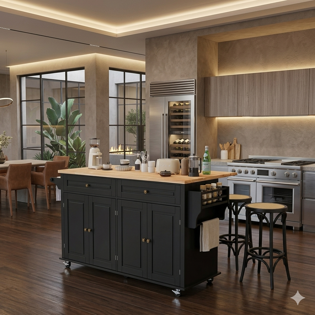 67 Rolling Kitchen Island with Drop Leaf Breakfast Bar, Storage Cabinet, and Spice Rack in Black