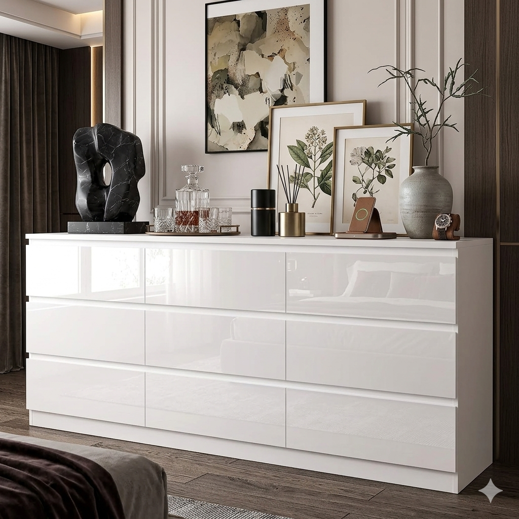 70 Inch Wide High Gloss White Chest of Drawers with Power Outlet for Large Storage in Bedroom