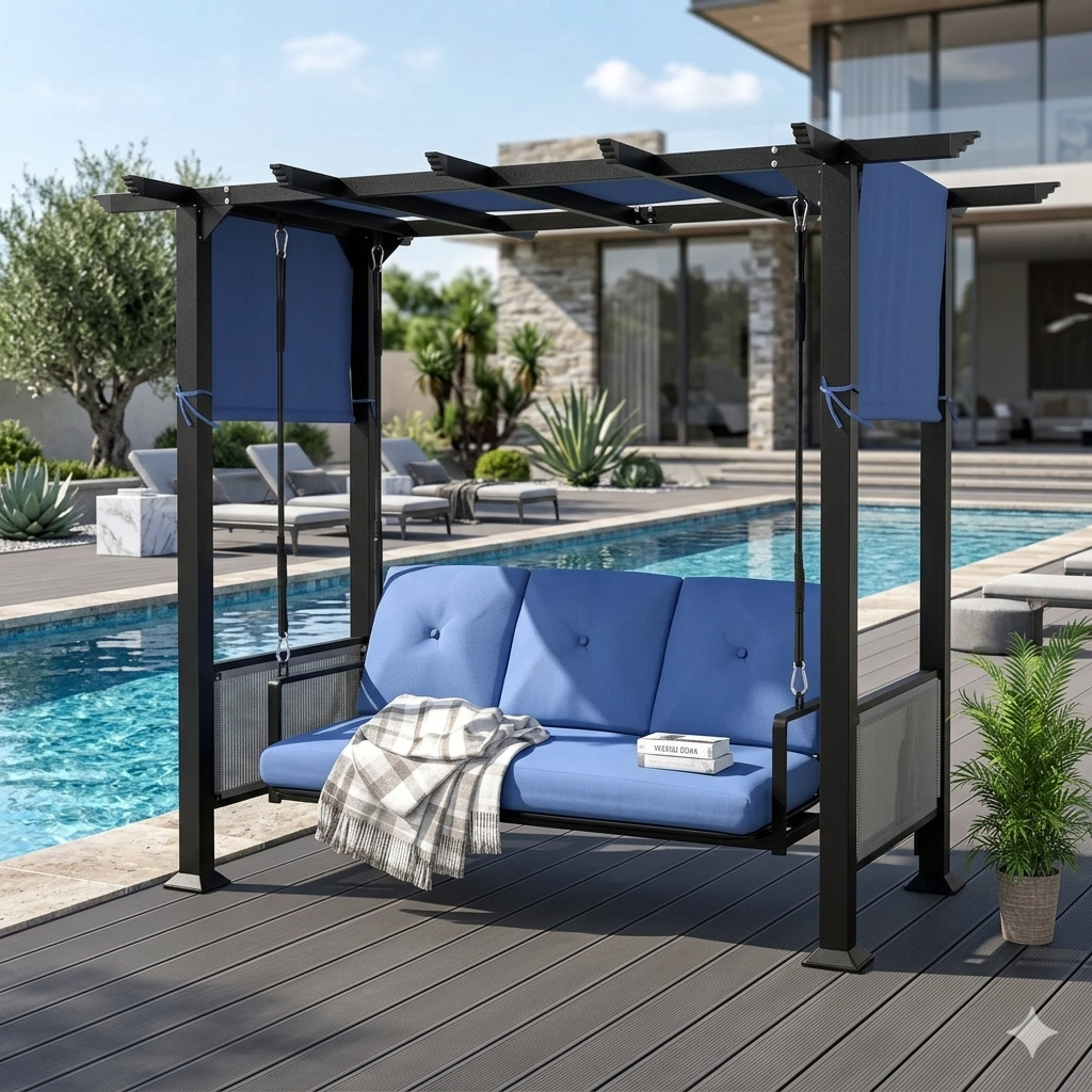 3-Seat Outdoor Metal Swing Bed with Cushion and Adjustable Curtains, Convertible Patio or Porch Swing Chair, Ideal for Backyard