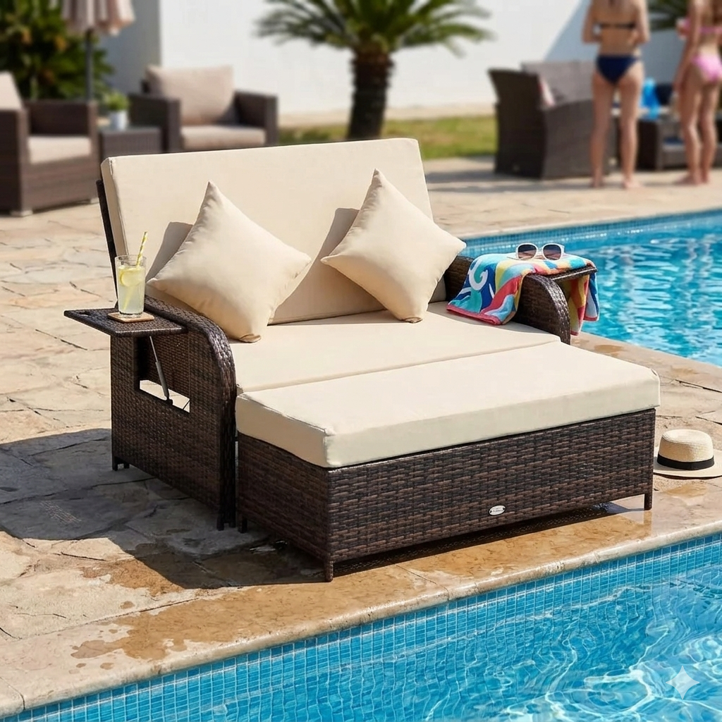 Beige Rattan Daybed with Cushions, Outdoor Wicker Lounge Bed Set, Ottoman, Coffee and Side Tables for Patio, Poolside