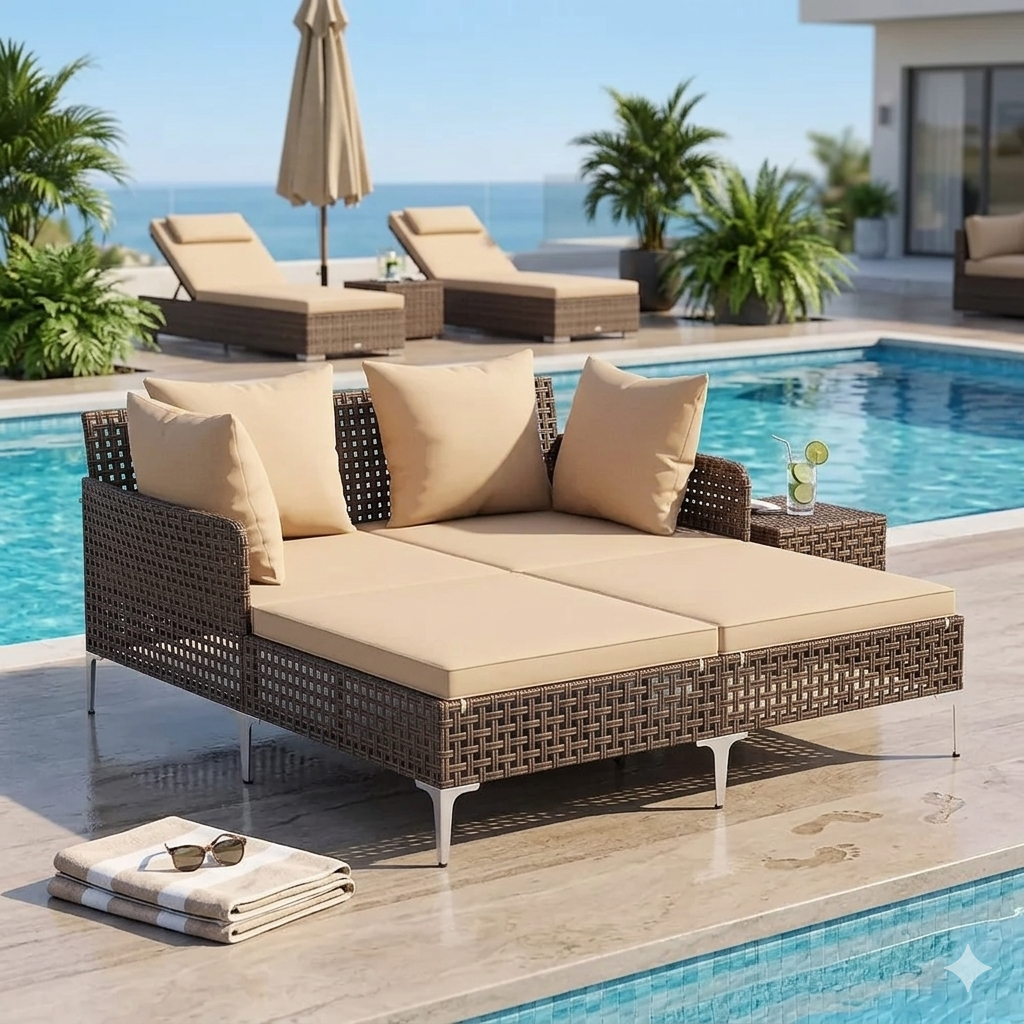 Outdoor Double Chaise Lounger with Cushions and Pillows for Patio, Garden, and Poolside (Beige, 27.5''H)