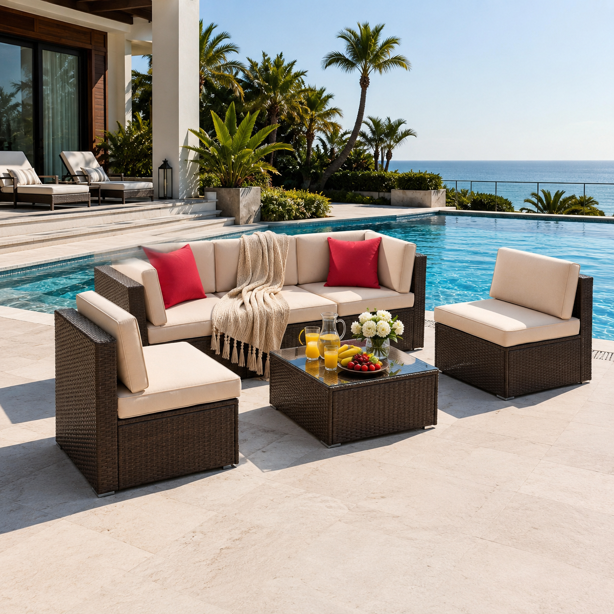 6-Piece Outdoor Sectional Sofa Set, Beige PE Wicker Rattan Patio Furniture with Coffee Table for Garden, Backyard, Poolside