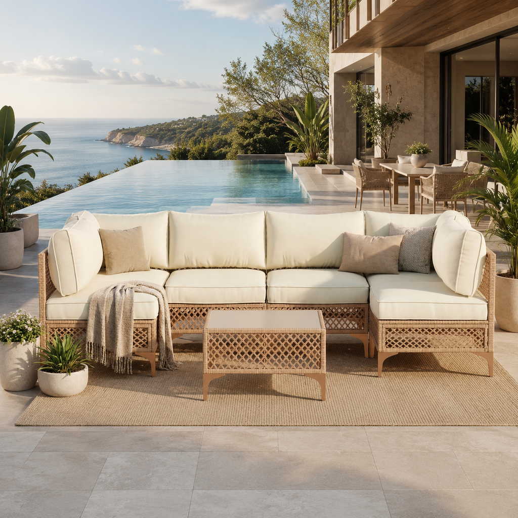 7-Piece Patio Furniture Set, Outdoor Wicker Conversation Set with Thick Cushions & Coffee Table for Backyard and Garden, Beige