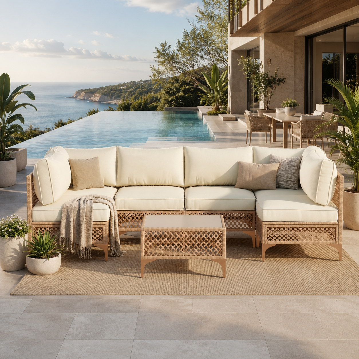 7-Piece Patio Furniture Set, Outdoor Wicker Conversation Set with Thick Cushions & Coffee Table for Backyard and Garden, Beige