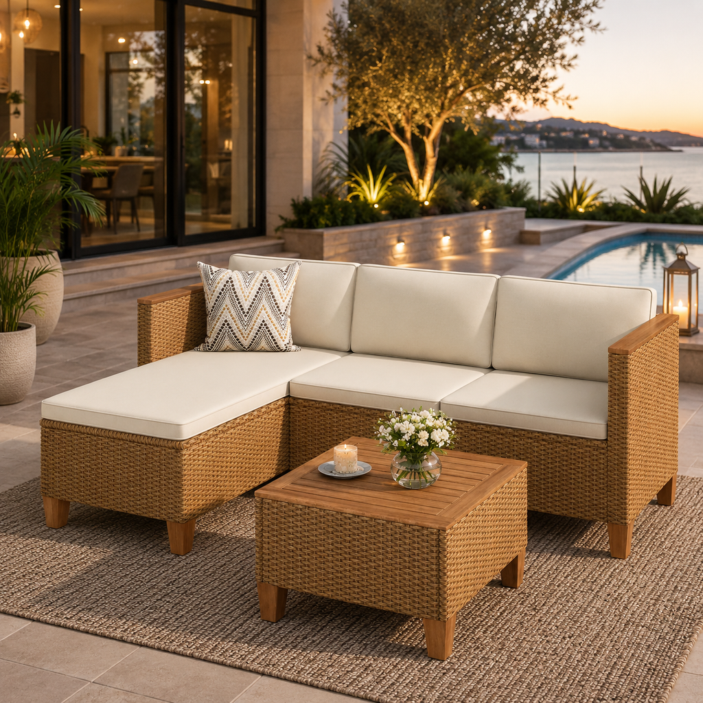 3-Piece Patio Furniture Conversation Set, Weather-Resistant Wicker Outdoor Sectional Sofa Set with Table & Cushions, Small Balcony & Porch Friendly