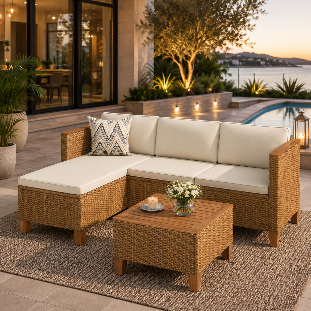 3-Piece Patio Furniture Conversation Set, Weather-Resistant Wicker Outdoor Sectional Sofa Set with Table & Cushions, Small Balcony & Porch Friendly