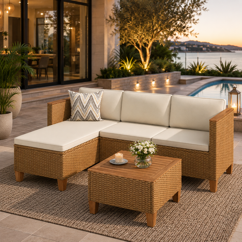 3-Piece Patio Furniture Conversation Set, Weather-Resistant Wicker Outdoor Sectional Sofa Set with Table & Cushions, Small Balcony & Porch Friendly