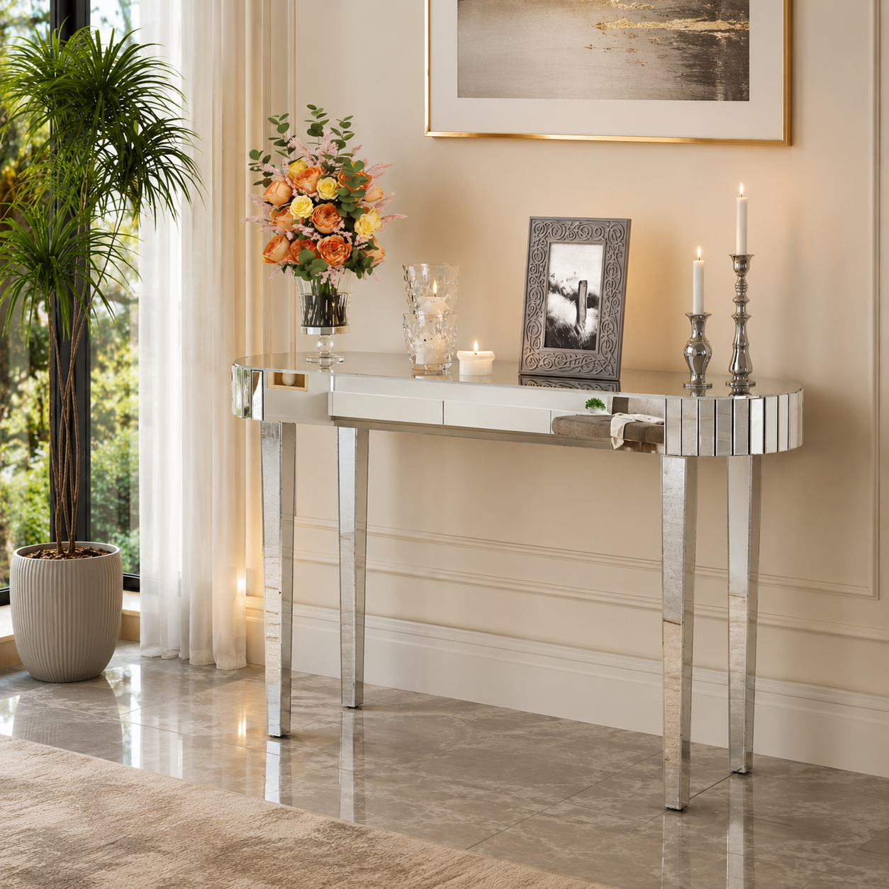 Mirrored Console Table,Mirrored Makeup Vanity Table Desk for Women Home Office Writing Desk Smooth Finish