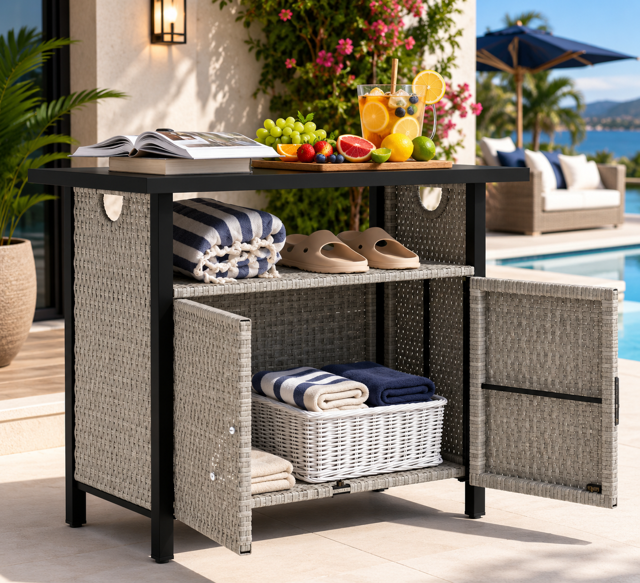 Outdoor Pool Towel Storage Cabinet Organizer, Pool Valet with Cabinet Gray
